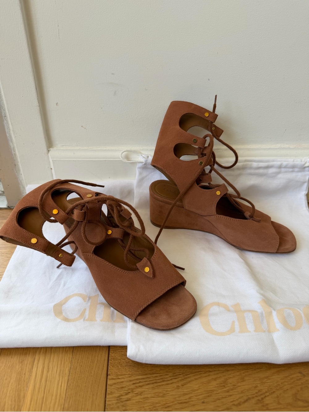 Chloe suede gladiator Foster wedge sandals, almost new